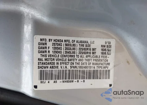 2004 Honda Odyssey Ex-L из США, поврежденный, VIN 5FNRL18924B015114